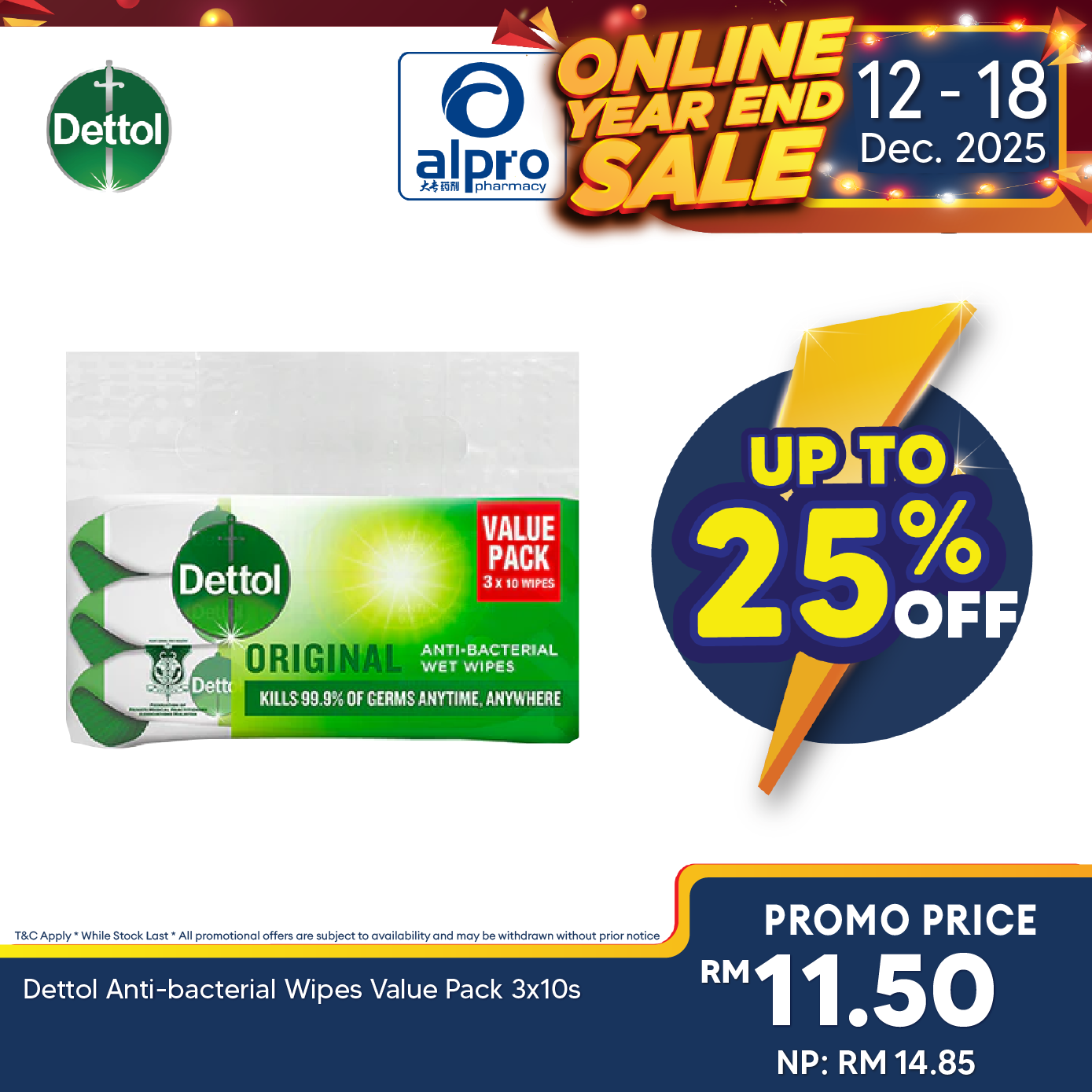 Dettol Anti-bacterial Wipes Value Pack 3x10s Dettol