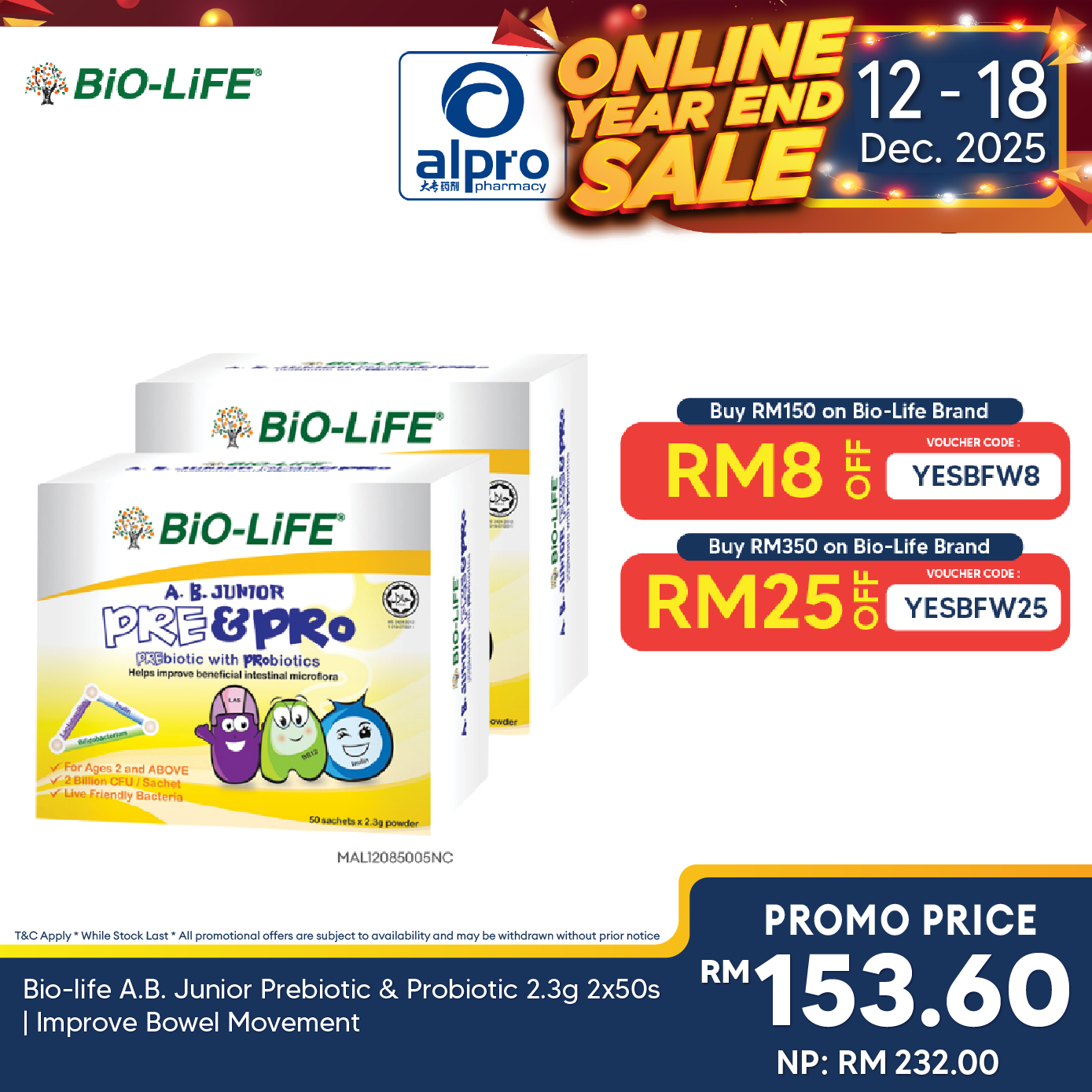 Bio-life A.B. Junior Prebiotic & Probiotic 2.3g 2x50s | Improve Bowel Movement Bio-life