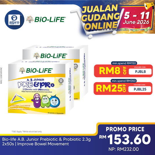 Bio-life A.B. Junior Prebiotic & Probiotic 2.3g 2x50s | Improve Bowel Movement Bio-life