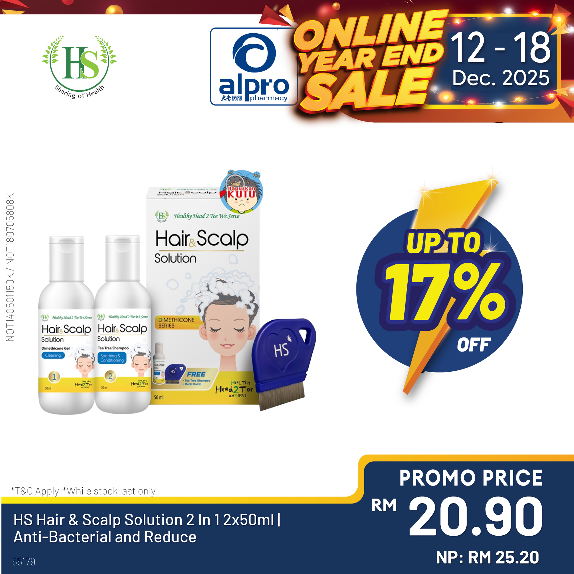 HS Hair & Scalp Solution 2 In 1 2x50ml | Anti-Bacterial and Reduce Itchiness Alpro Pharmacy