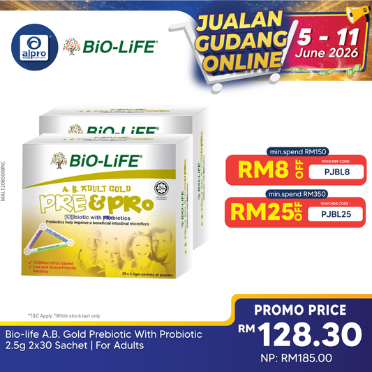 Bio-life A.B. Gold Prebiotic With Probiotic 2.5g 2x30 Sachet | For Adults Bio-life