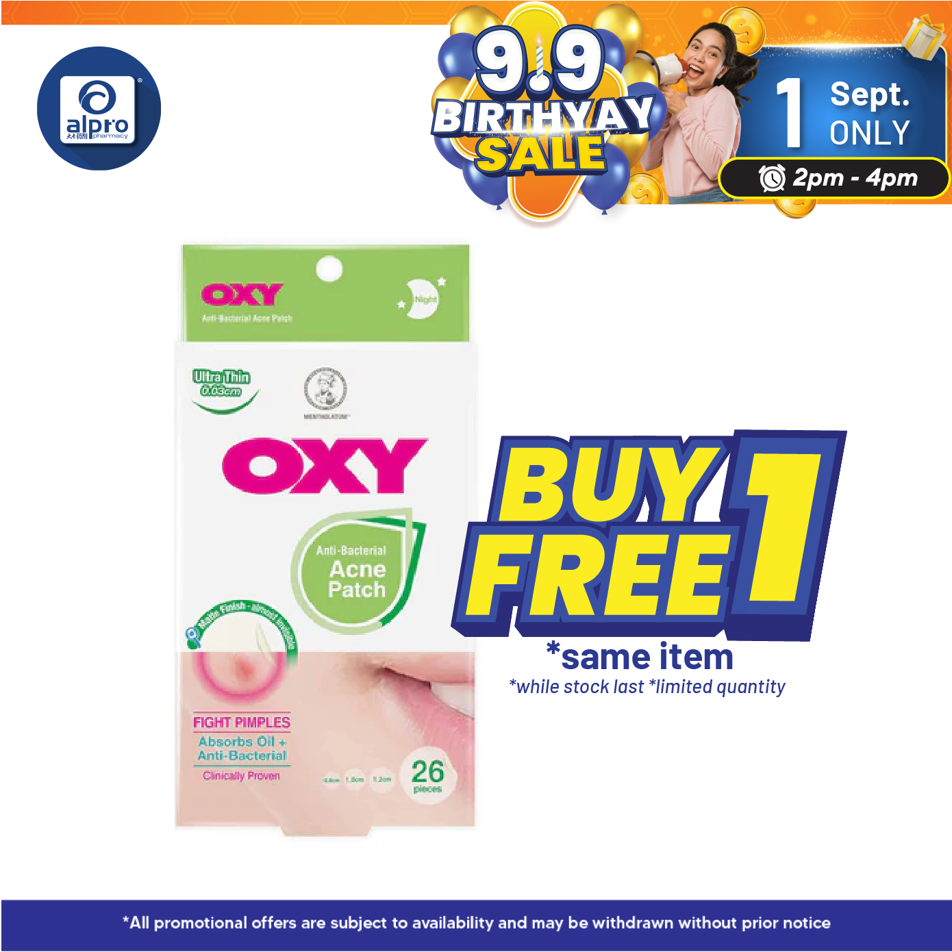 Oxy Anti Bacterial Acne Patch 0.03cm 26s | Helps Reduce Appearance of Pimples Alpro Pharmacy