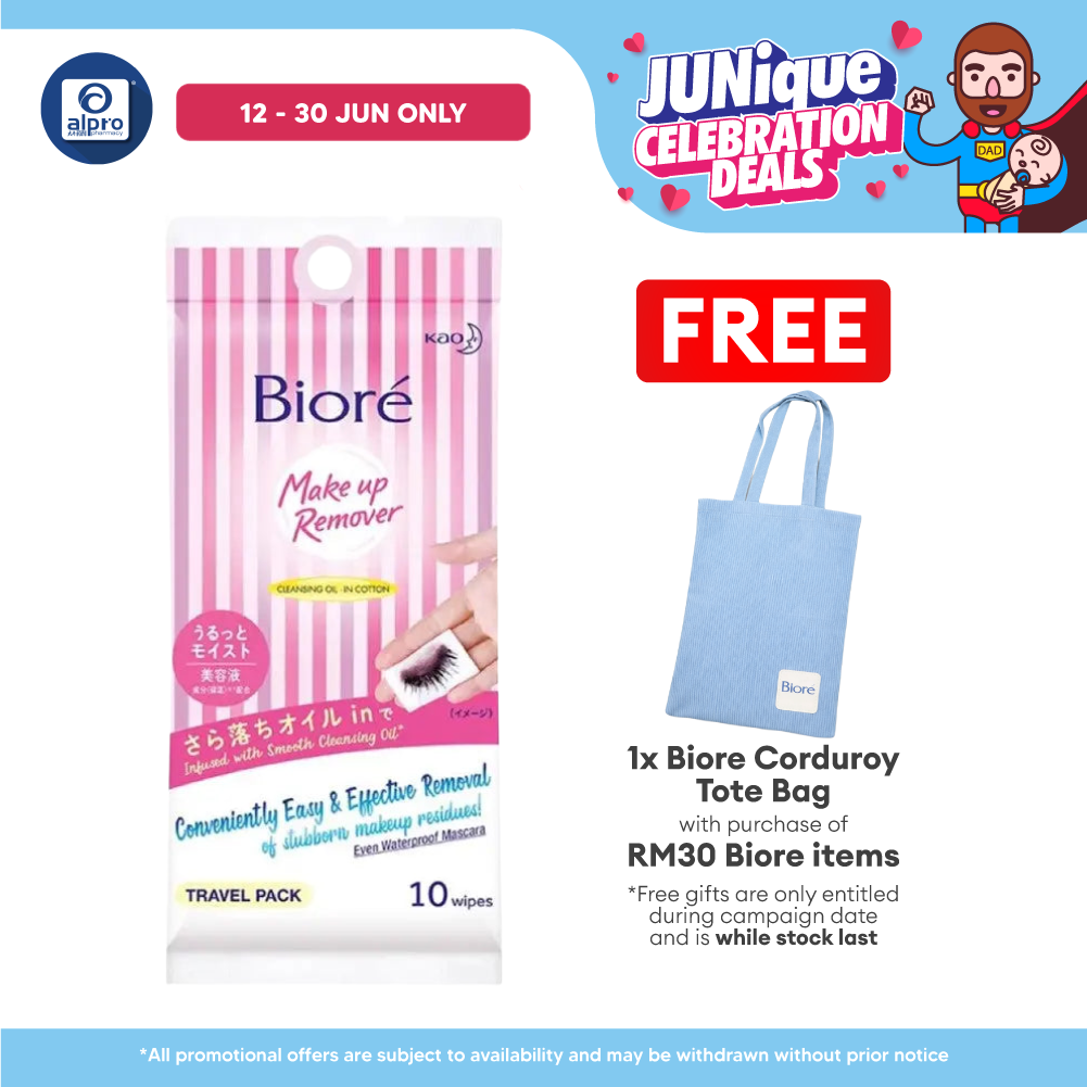 Biore Cleansing  & Moisturizing Oil Wipes Travel Pack 10s | Cleanse Waterproof Mascara Without Excessive Rubbing Biore
