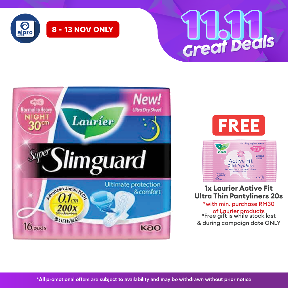 Laurier Super Slim Guard Night Wing 30cm 16s Alpro Pharmacy