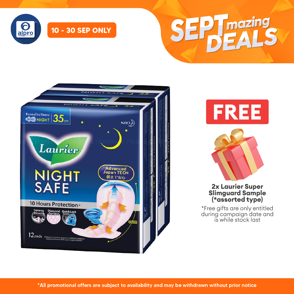 Laurier Nightsafe Wing 35cm 12SX2s | Night Safe Pads Alpro Pharmacy