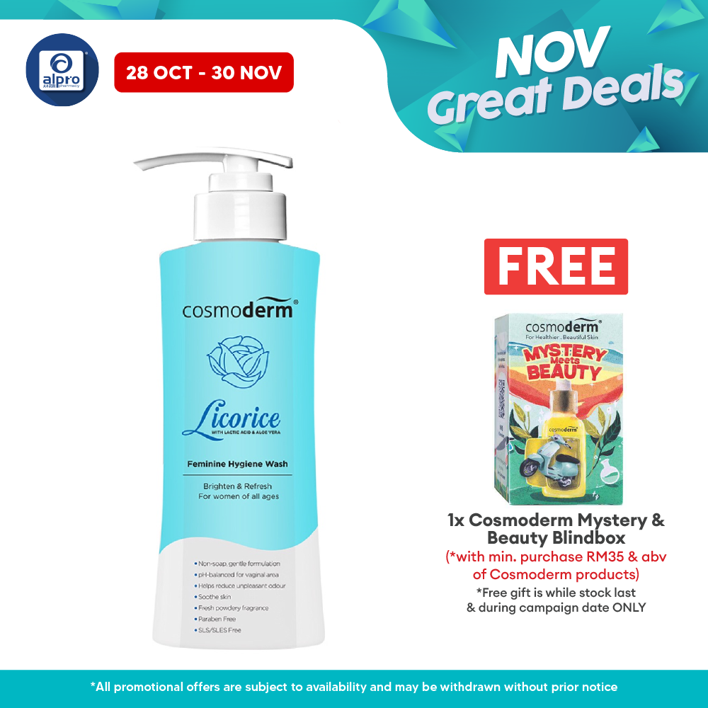 Cosmoderm Licorice Feminine Hygiene Wash 375ml | Brighten Skin Around Vaginal Area. Alpro Pharmacy
