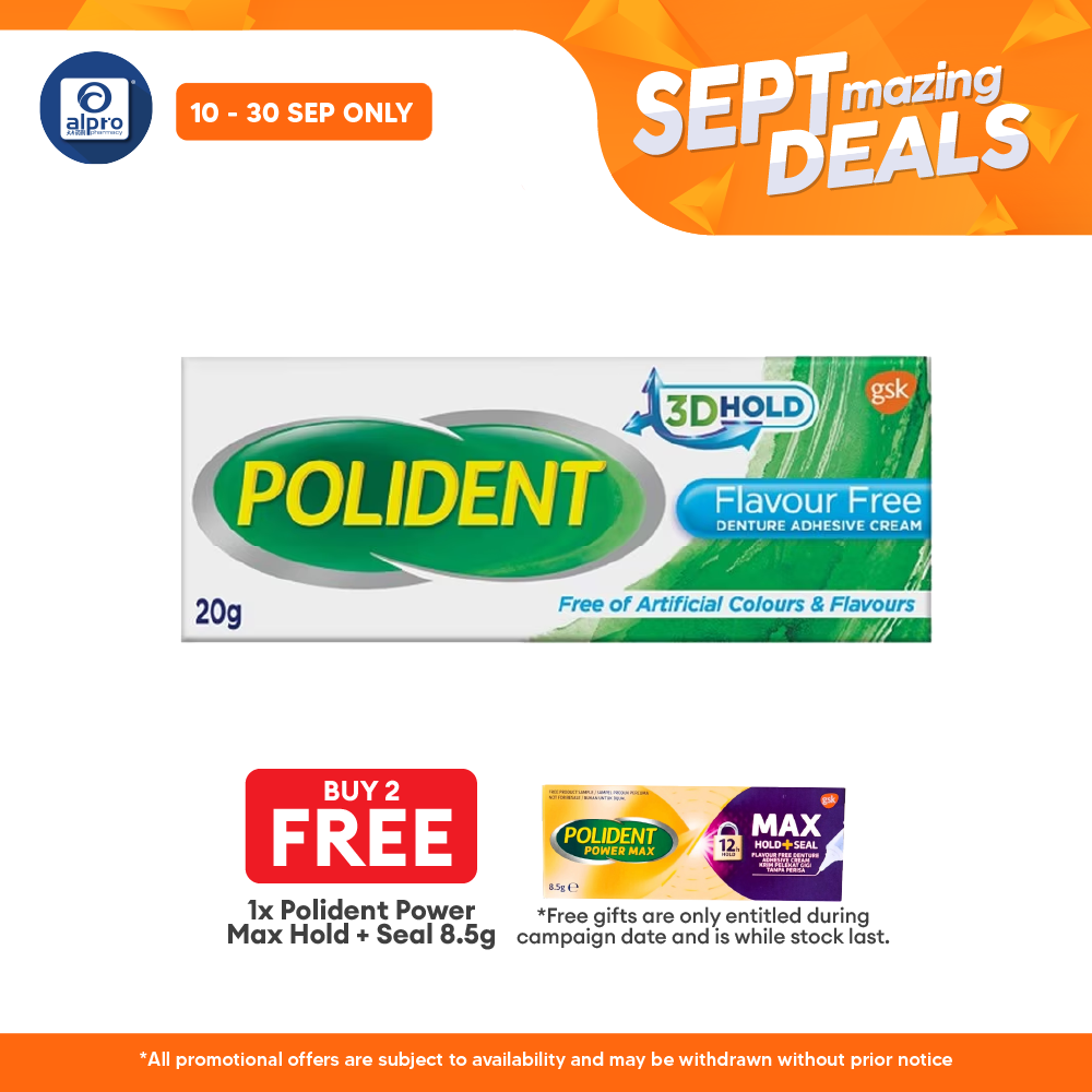 Polident Denture Adhesive Cream Flavour Free 20g | Improve Denture Fit and Comfort Alpro Pharmacy