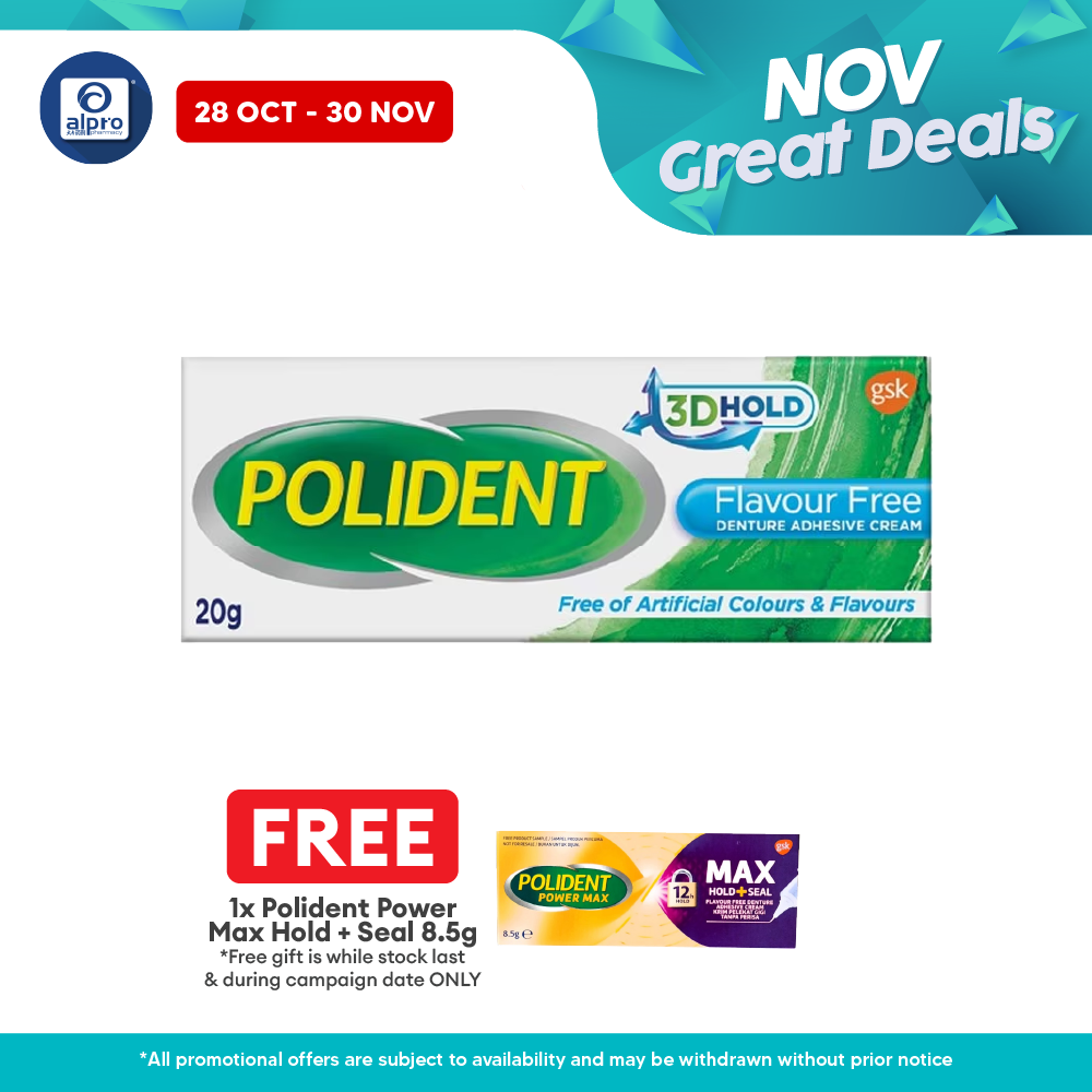 Polident Denture Adhesive Cream Flavour Free 20g | Improve Denture Fit and Comfort Alpro Pharmacy