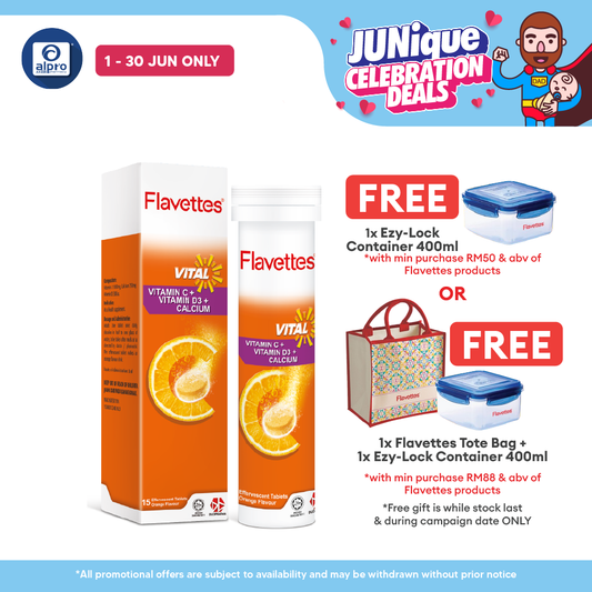 Flavettes Vital Effervescent Vit.C+D+Calcium (Orange) 15s | Bone Health Flavettes