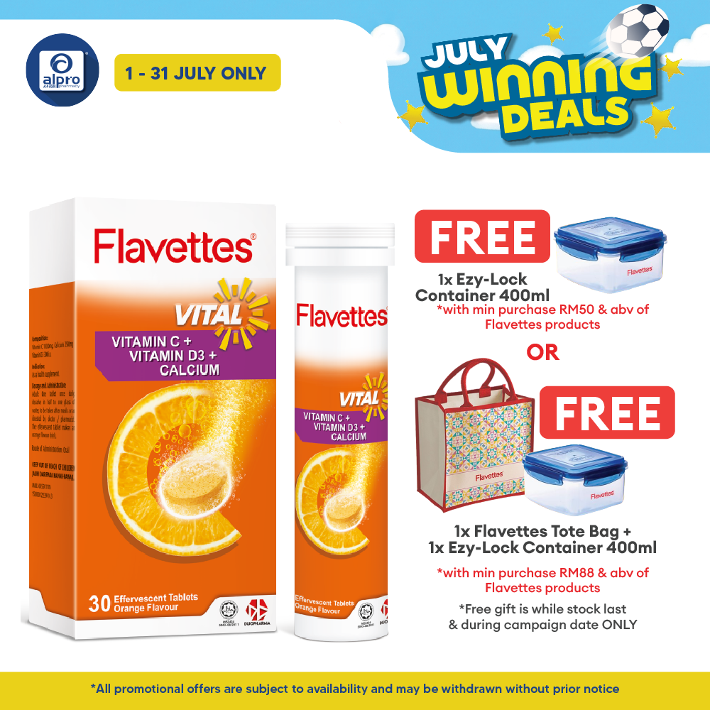 Flavettes Vital Effervescent Vit.C+D+Calcium (Orange) 30s | Bone Health Flavettes