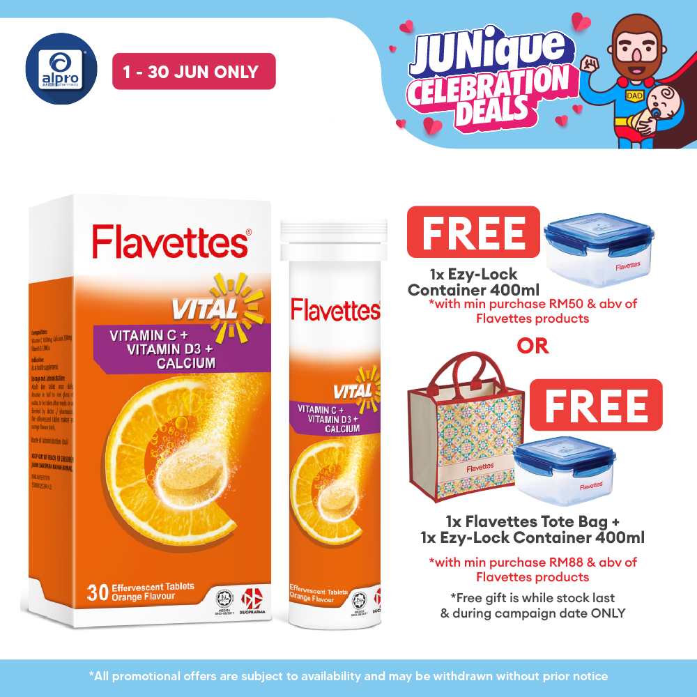 Flavettes Vital Effervescent Vit.C+D+Calcium (Orange) 30s | Bone Health Flavettes
