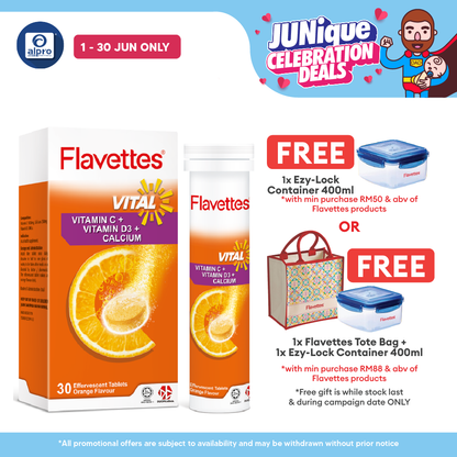 Flavettes Vital Effervescent Vit.C+D+Calcium (Orange) 30s | Bone Health Flavettes
