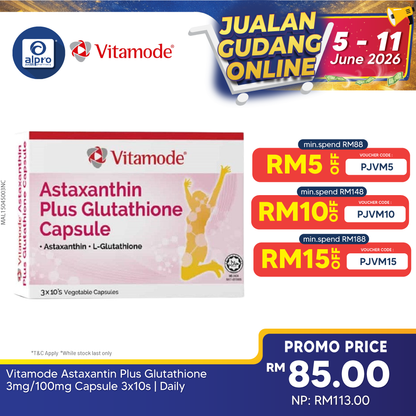 Vitamode Astaxantin Plus Glutathione 3mg/100mg Capsule 3x10s | Daily Supplement Vitamode