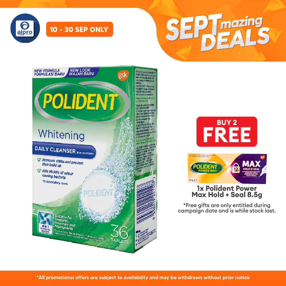 Polident Daily Cleanser For Dentures Whitening 36s (promo) Alpro Pharmacy