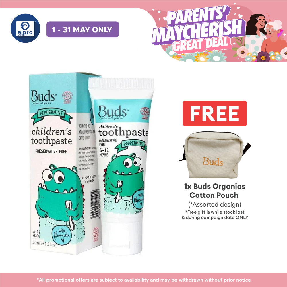 Buds Oralcare Organics: Children's Toothpaste Peppermint With Xylitol - 50ml (3-12 years old) Buds