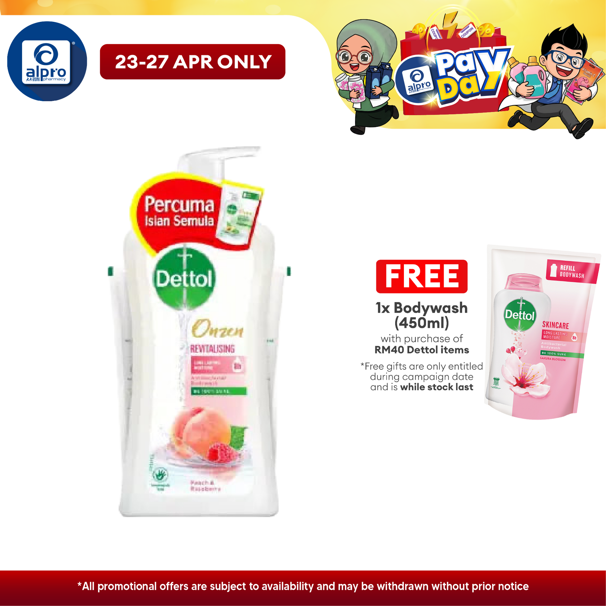 Dettol Onzen Revitalising Shower Gel (peach & Raspberry) 950ml + 250ml Alpro Pharmacy