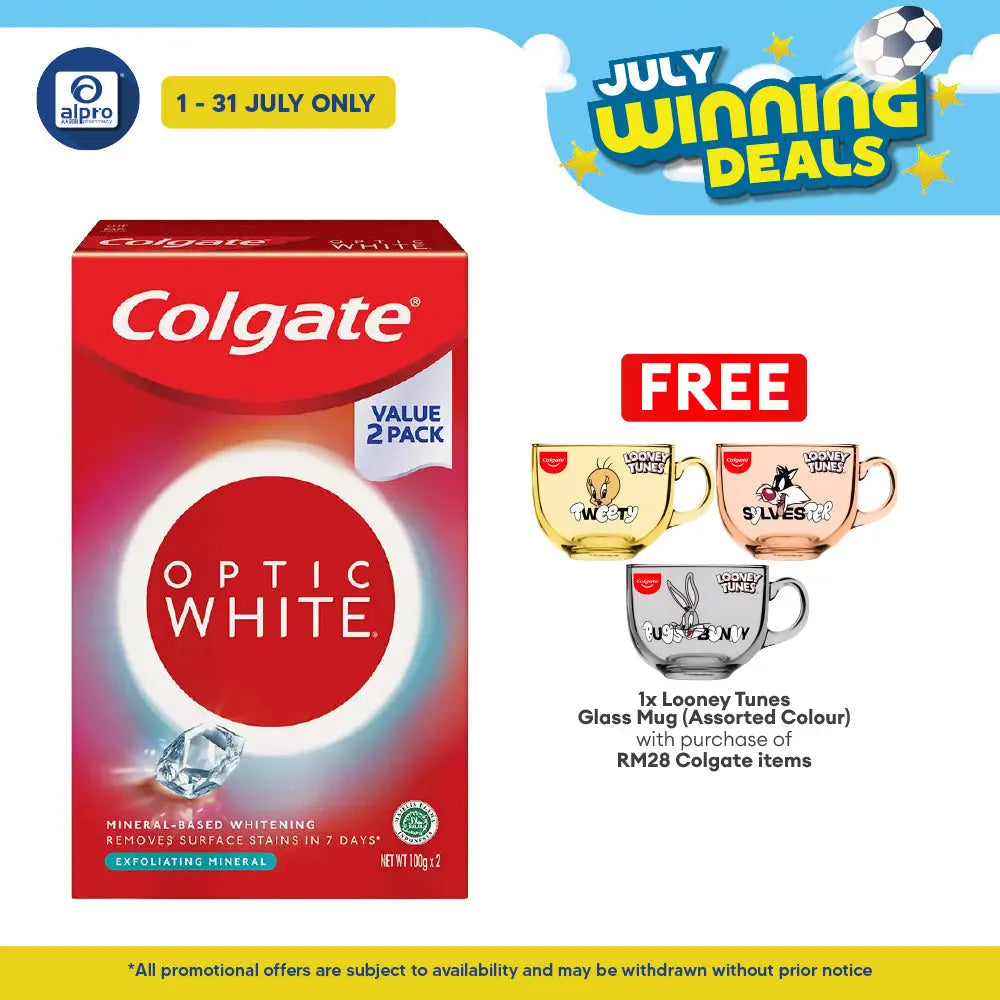 Colgate Optic White Exfoliating Mineral Toothpaste Valuepack 2 x 100g | Removes 6x More Surface Stains Colgate