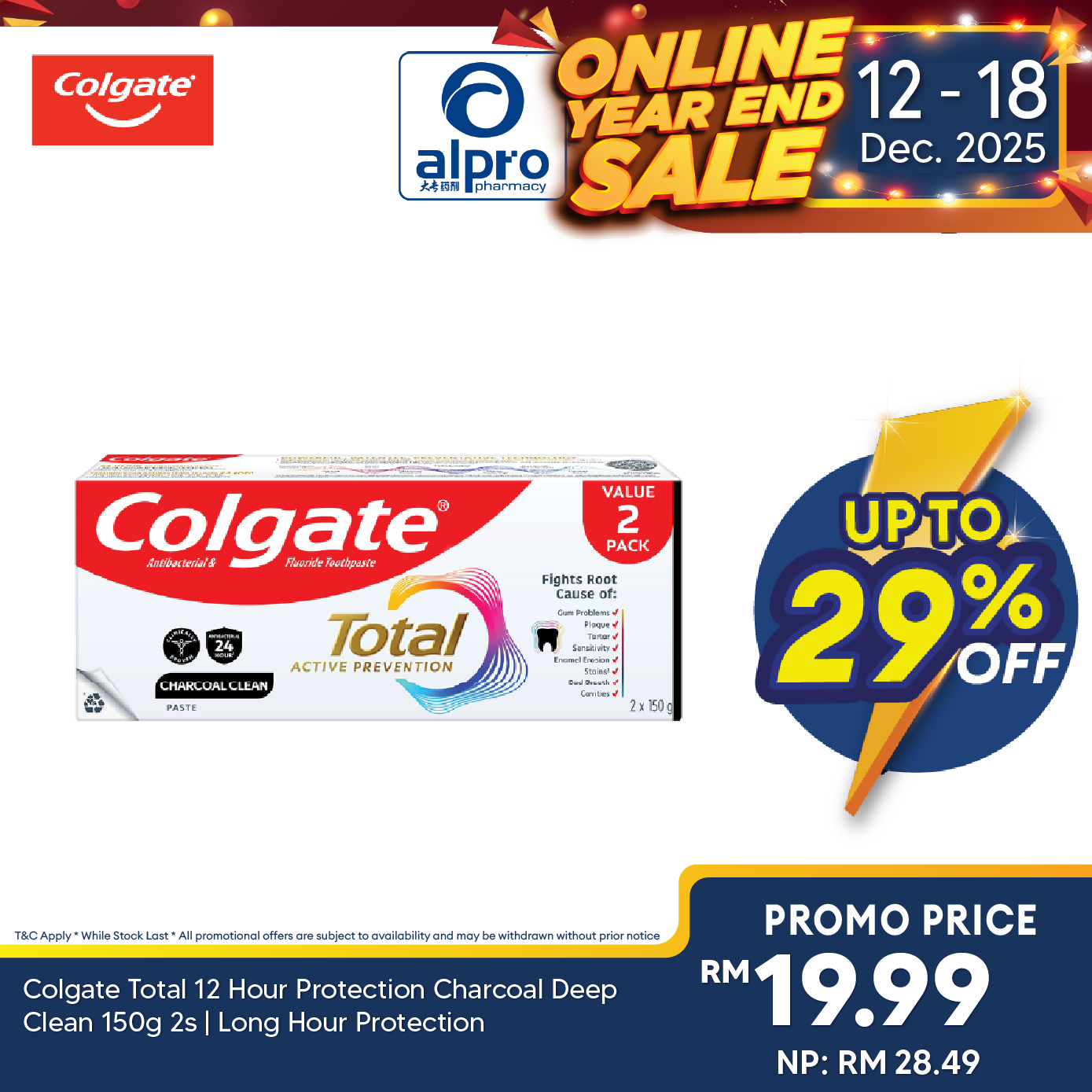 Colgate Total 12 Hour Protection Charcoal Deep Clean 150g 2s | Long Hour Protection COLGATE