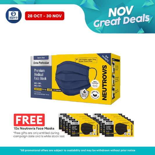 Neutrovis 4 ply Premium Medical Face Mask with Extra Protection (Denim Blue) 50s | For Adult