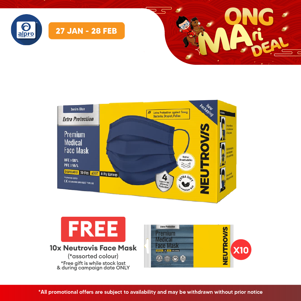 Neutrovis 4 ply Premium Medical Face Mask with Extra Protection (Denim Blue) 50s | For Adult Neutrovis