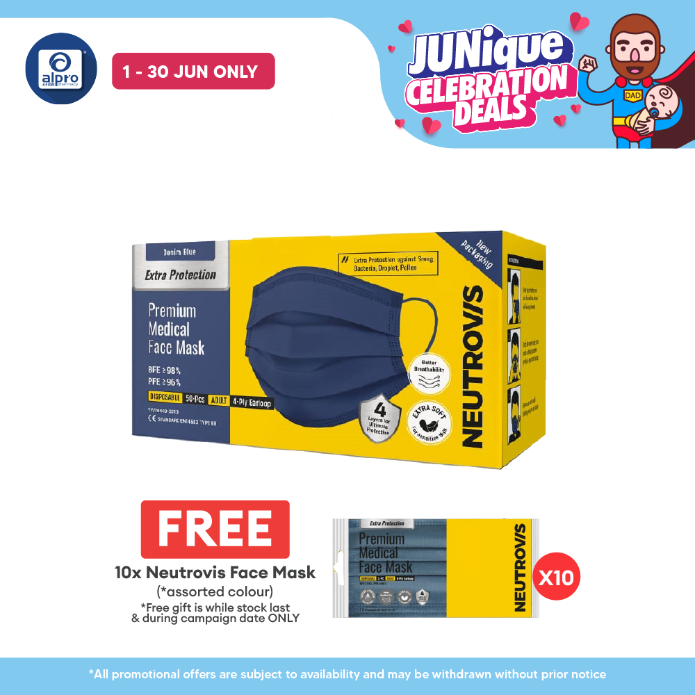 Neutrovis 4 ply Premium Medical Face Mask with Extra Protection (Denim Blue) 50s | For Adult Neutrovis