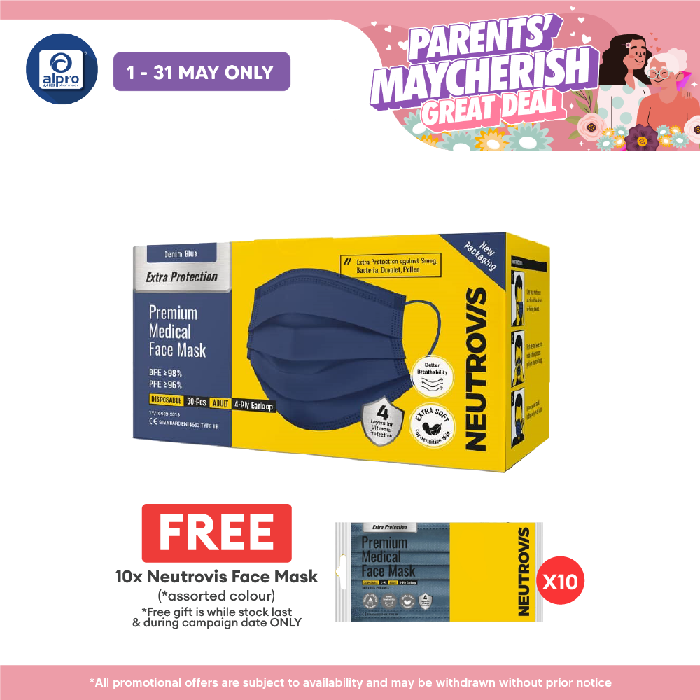 Neutrovis 4 ply Premium Medical Face Mask with Extra Protection (Denim Blue) 50s | For Adult Neutrovis