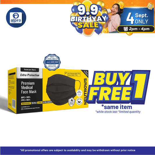 Neutrovis 4ply Premium Medical Face Mask with Extra Protection (Black) 50s | For Adult Alpro Pharmacy