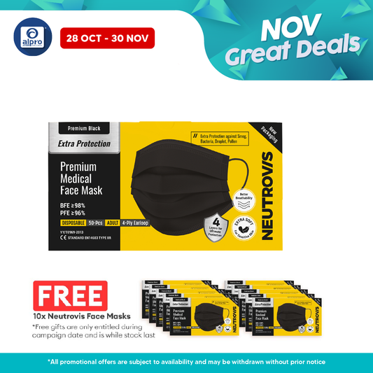Neutrovis 4ply Premium Medical Face Mask with Extra Protection (Black) 50s | For Adult Neutrovis