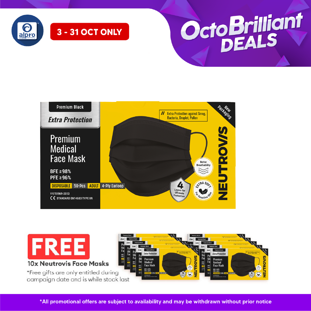 Neutrovis 4ply Premium Medical Face Mask with Extra Protection (Black) 50s | For Adult Neutrovis