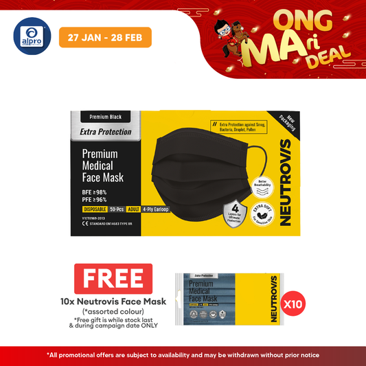 Neutrovis 4ply Premium Medical Face Mask with Extra Protection (Black) 50s | For Adult Neutrovis