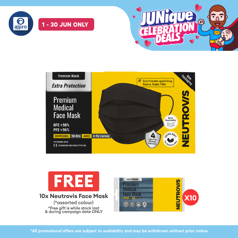 Neutrovis 4ply Premium Medical Face Mask with Extra Protection (Black) 50s | For Adult Neutrovis