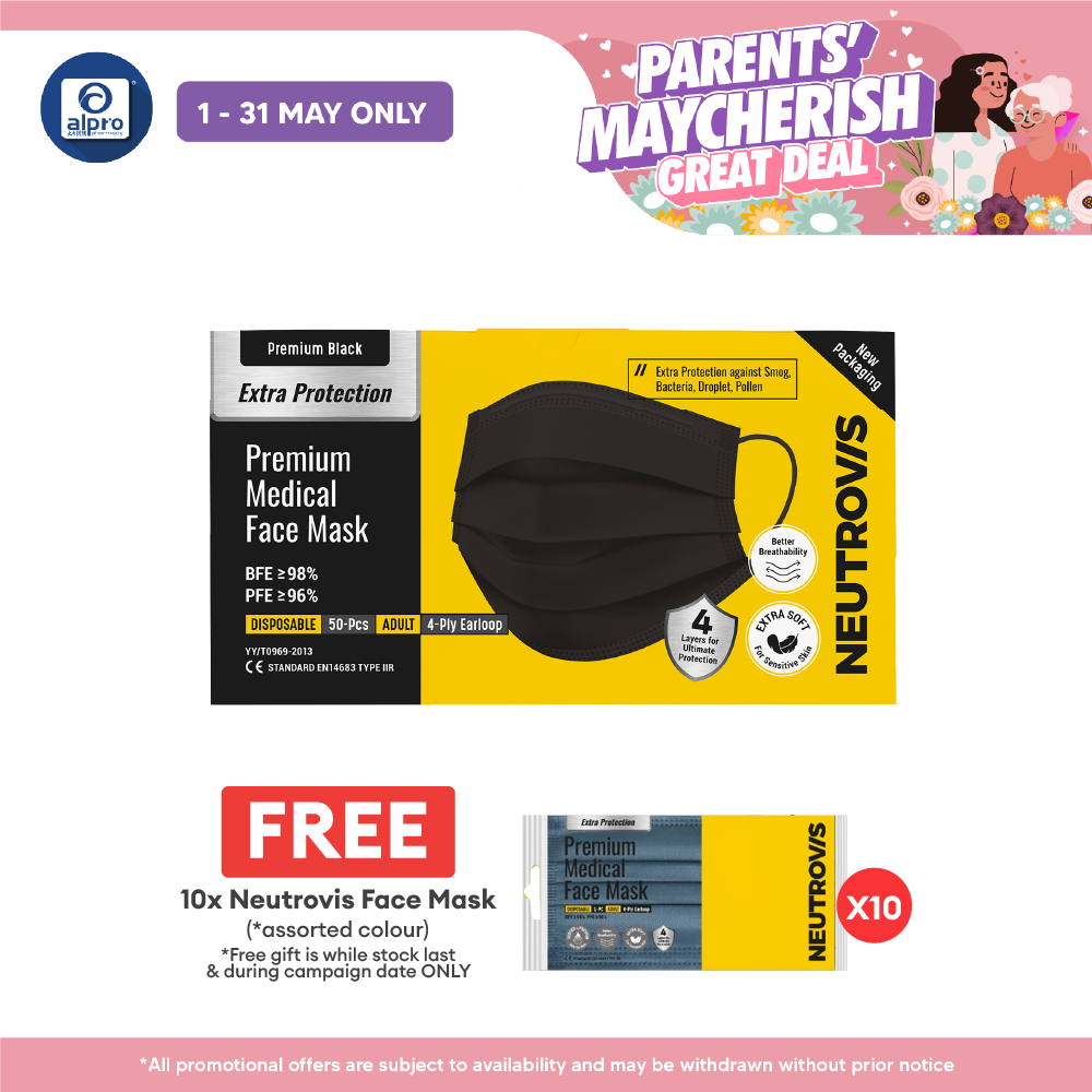 Neutrovis 4ply Premium Medical Face Mask with Extra Protection (Black) 50s | For Adult Neutrovis
