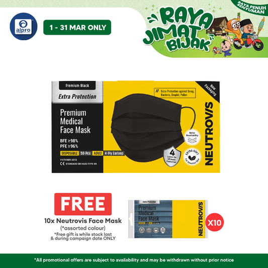 Neutrovis 4ply Premium Medical Face Mask with Extra Protection (Black) 50s | For Adult Neutrovis