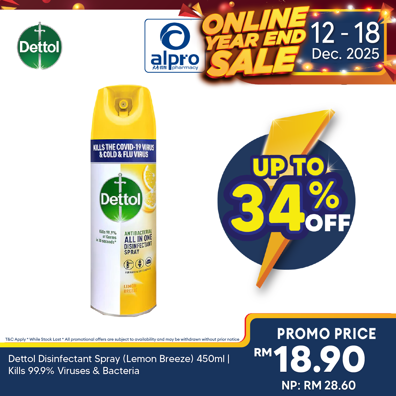 Dettol Disinfectant Spray (Lemon Breeze) 450ml | Kills 99.9% Viruses & Bacteria Dettol