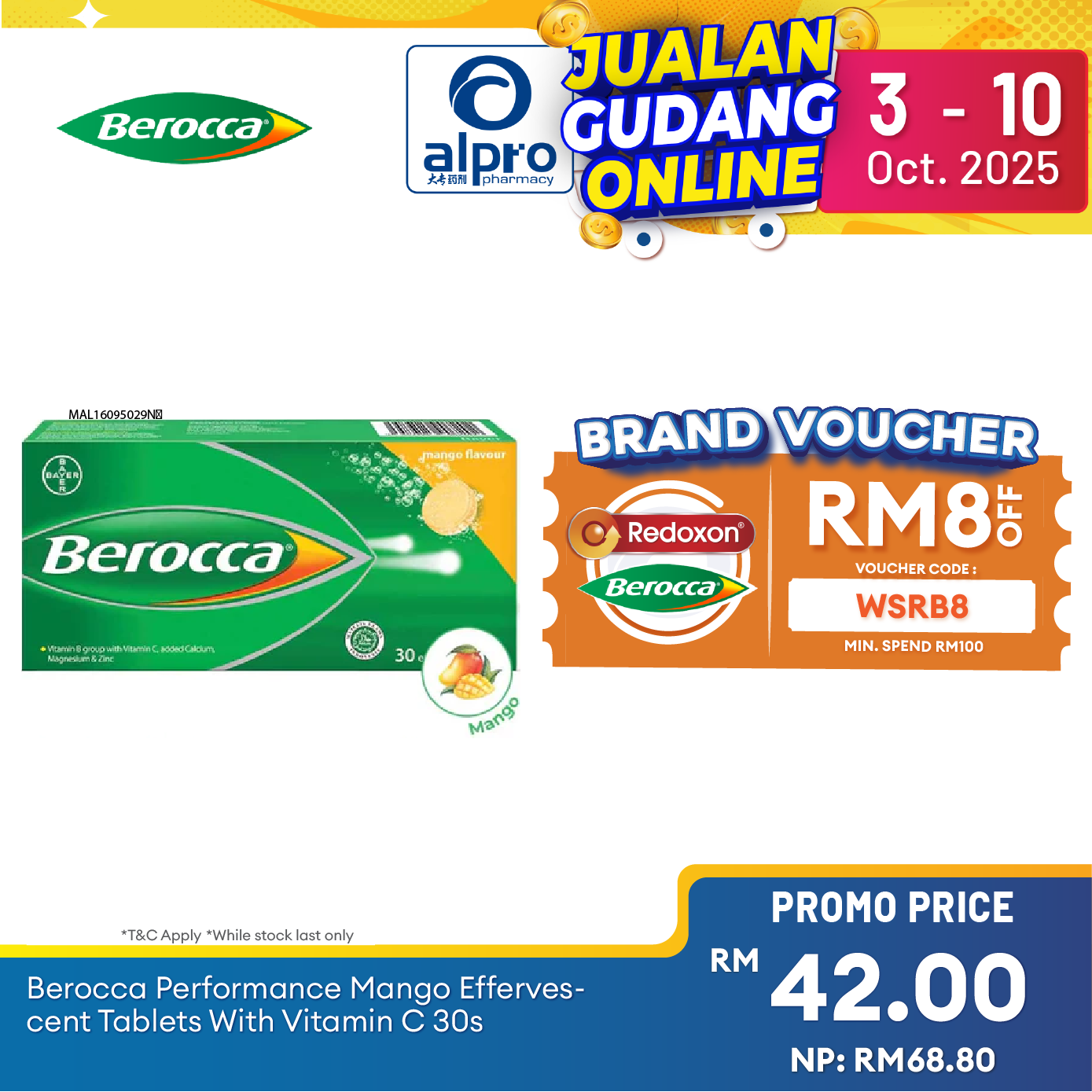 Berocca Performance Mango Effervescent Tablets with Vitamin C 30s | Helps Reduce Tiredness and Fatigue Alpro Pharmacy