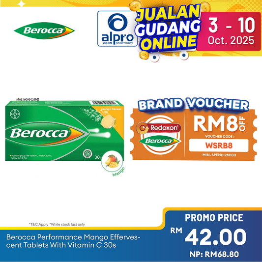 Berocca Performance Mango Effervescent Tablets with Vitamin C 30s | Helps Reduce Tiredness and Fatigue Alpro Pharmacy