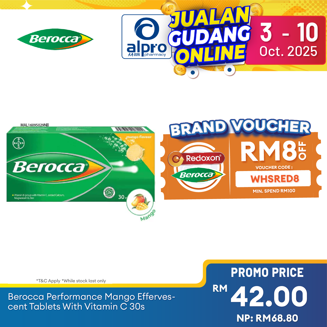 Berocca Performance Mango Effervescent Tablets with Vitamin C 30s | Helps Reduce Tiredness and Fatigue Alpro Pharmacy