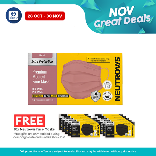 Neutrovis 4ply Premium Medical Face Mask with Extra Protection (Merlot) 50s | For Adult Alpro Pharmacy