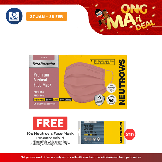 Neutrovis 4ply Premium Medical Face Mask with Extra Protection (Merlot) 50s | For Adult Alpro Pharmacy