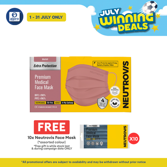 Neutrovis 4ply Premium Medical Face Mask with Extra Protection (Merlot) 50s | For Adult Alpro Pharmacy