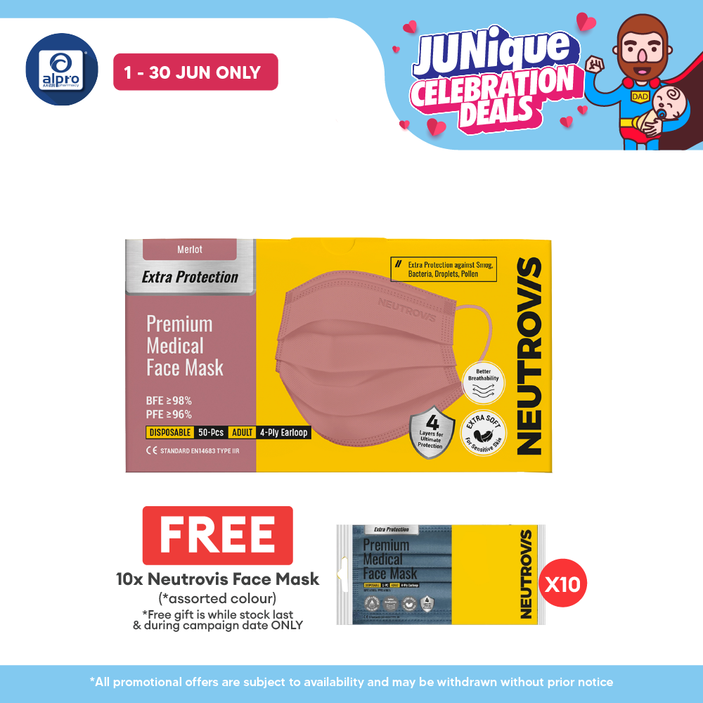 Neutrovis 4ply Premium Medical Face Mask with Extra Protection (Merlot) 50s | For Adult Alpro Pharmacy
