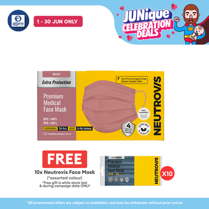 Neutrovis 4ply Premium Medical Face Mask with Extra Protection (Merlot) 50s | For Adult Alpro Pharmacy