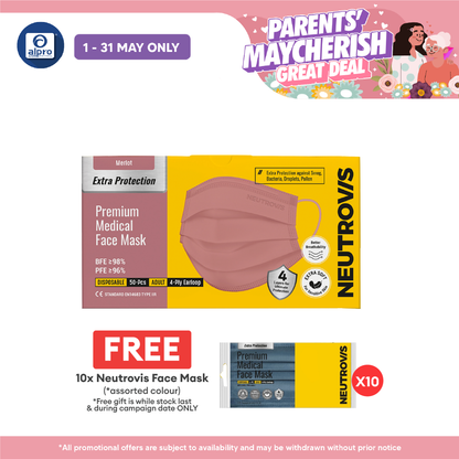 Neutrovis 4ply Premium Medical Face Mask with Extra Protection (Merlot) 50s | For Adult Alpro Pharmacy