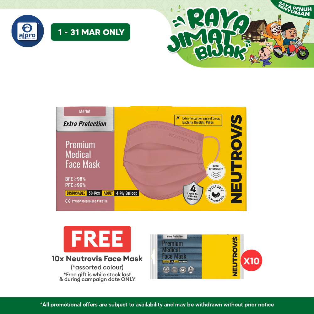 Neutrovis 4ply Premium Medical Face Mask with Extra Protection (Merlot) 50s | For Adult Alpro Pharmacy