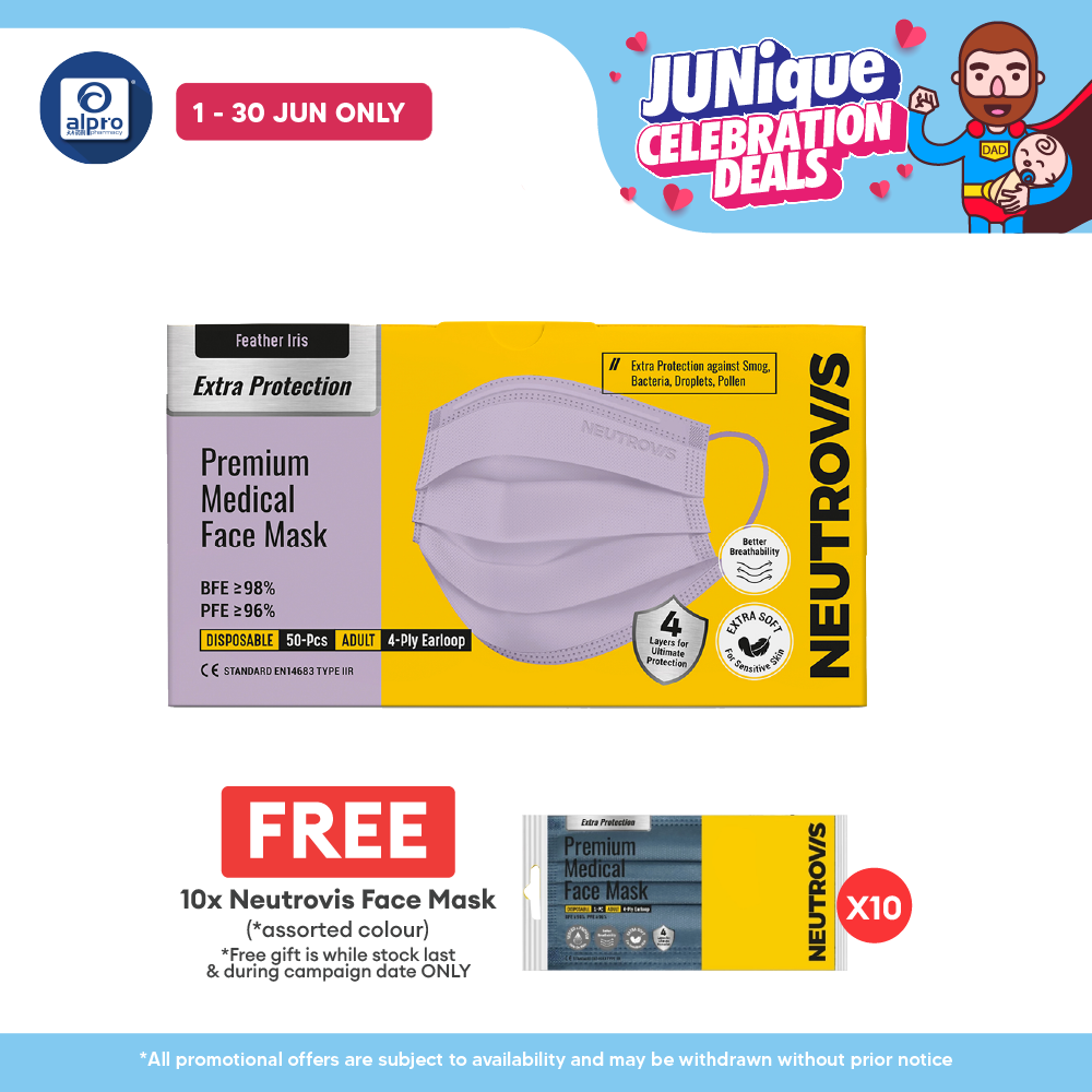 Neutrovis 4ply Premium Medical Face Mask with Extra Protection (Feather Iris) 50s | For Adults Alpro Pharmacy