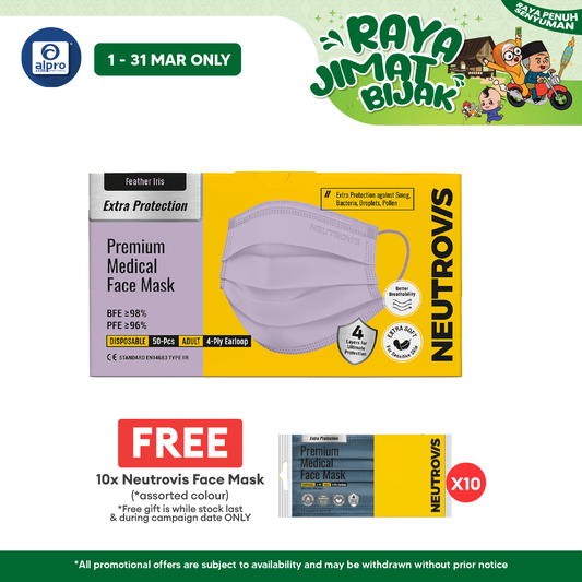 Neutrovis 4ply Premium Medical Face Mask with Extra Protection (Feather Iris) 50s | For Adults Alpro Pharmacy