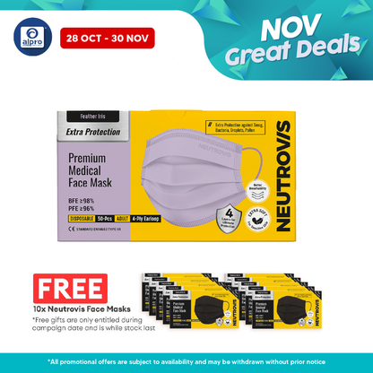 Neutrovis 4ply Premium Medical Face Mask with Extra Protection (Feather Iris) 50s | For Adults Alpro Pharmacy