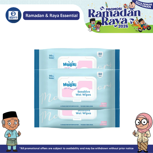 Moori Sensitive Wet Wipes 80s (×3 packs) | Wide Wipes with Aloe Vera Extract Moori