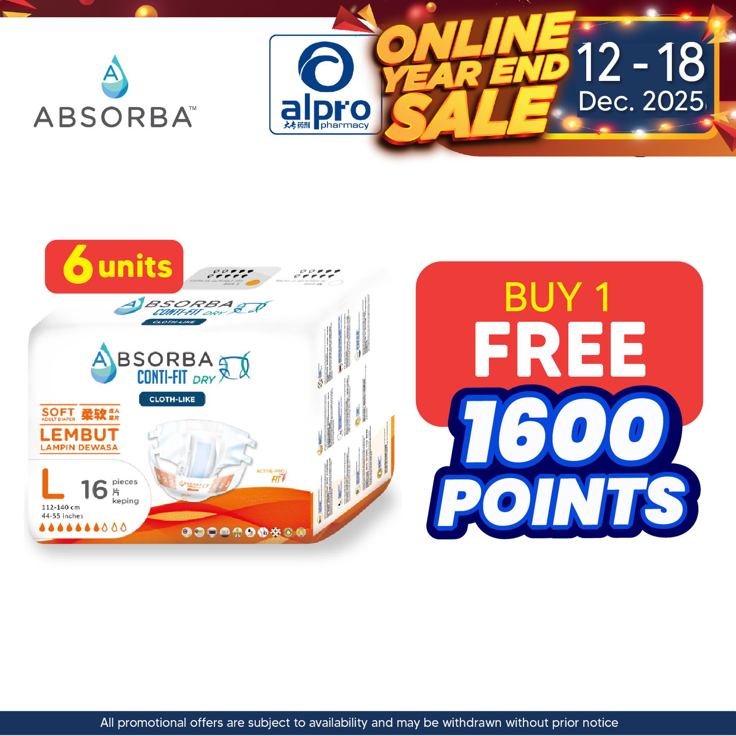 Absorba Conti-Fit Dry Adult Diapers (L) 6x16s | Soft Diaper Absorba