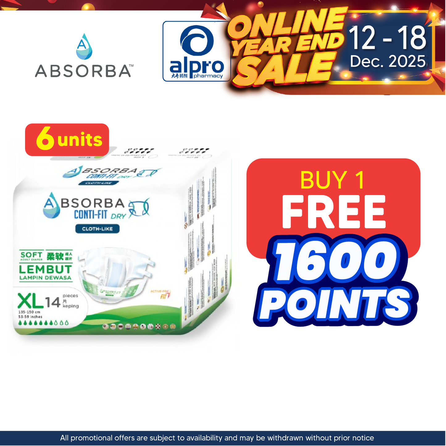 Absorba Conti-Fit Dry Adult Diapers (XL) 6x14s | Soft Diaper